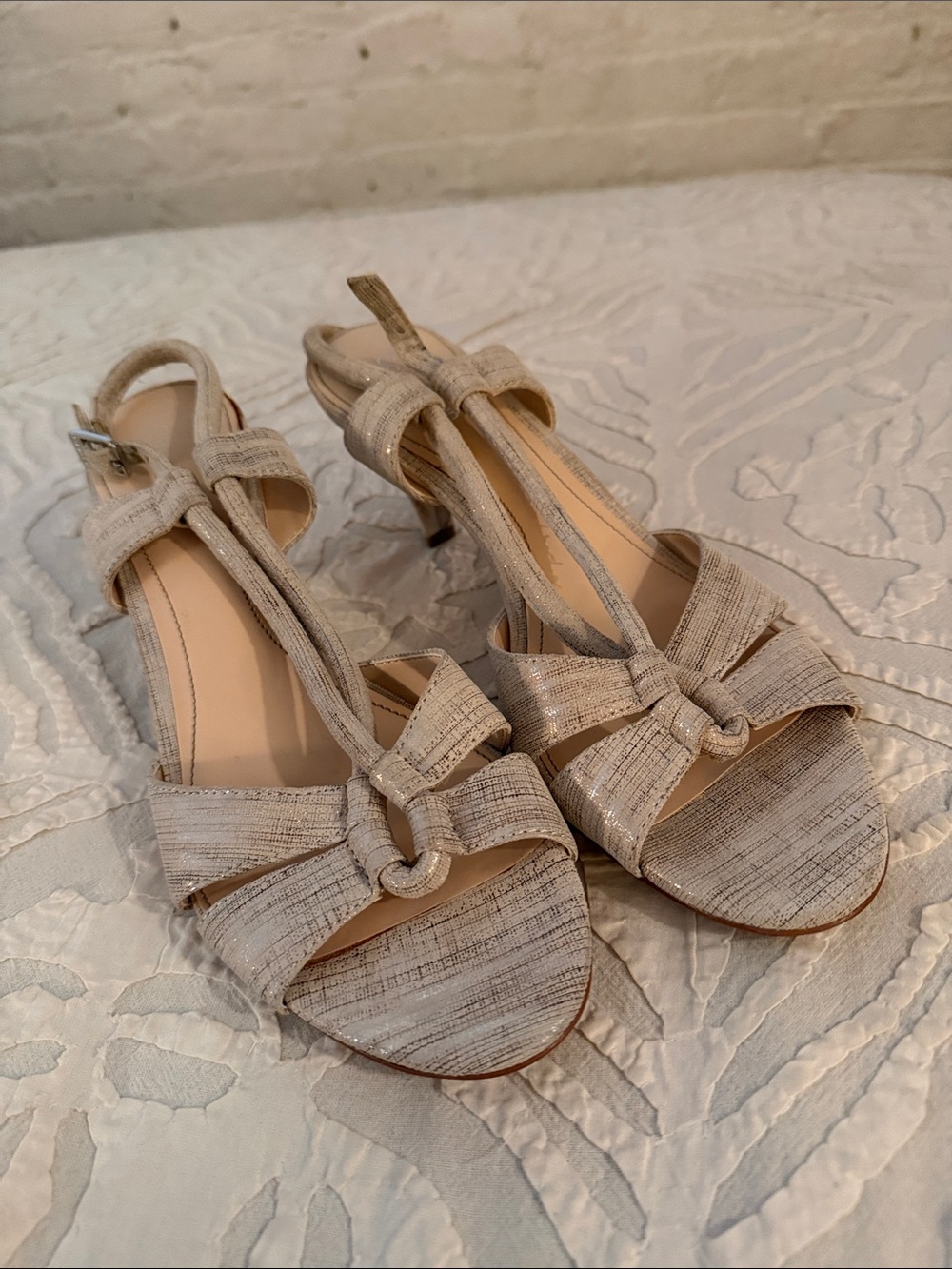 Calvin Klein Cream Textured Knot T-Strap Heels